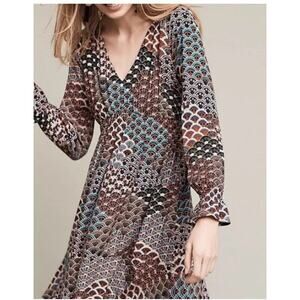 Anthropologie Maeve Monaco Empire Dress Women's Sz L Fan Print Multi Color